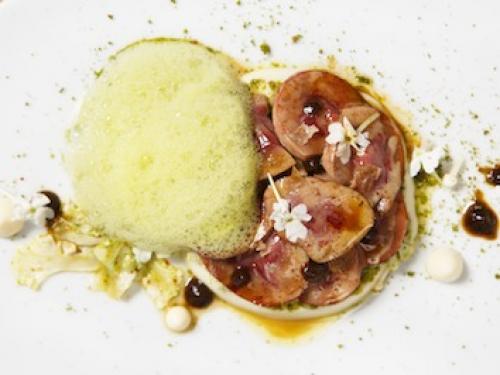 Nier, crème van bloemkool en condiment van zwarte sjalot.